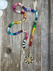 Wanderlust - Hand-knotted semiprecious rainbow gemstone bead necklace with diamond pendant and gold chain extender