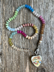 Hand-knotted semiprecious rainbow gemstone bead necklace with vintage chinaware piece bunny pendant and diamond lobster clasp
