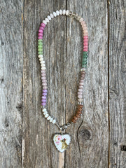 Hand-knotted semiprecious rainbow bead necklace with vintage chinaware pendant and pave diamond lobster clasp