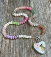 Hand-knotted semiprecious rainbow bead necklace with vintage chinaware pendant and pave diamond lobster clasp