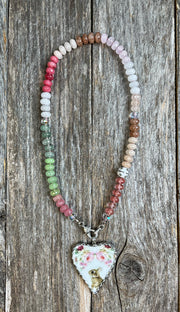 Hand-knotted pastel gemstone necklace with bunny pendant of vintage china piece and pave diamond lobster clasp