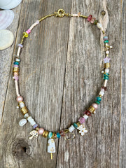 Fun & Trendy - Gemstone and glass bead necklace with 18k gold-filled charms
