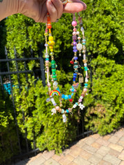 Funky rainbow - Hand-knotted gemstone, glass and crystal bead necklace with 18k gold-filled charms