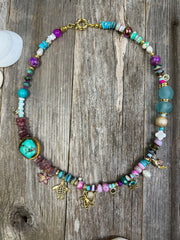 Fun & Trendy Collection - Semiprecious gemstone and glass bead gold and cz charm necklace