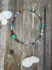 Fun & Trendy Collection - Semiprecious gemstone and glass bead gold and cz charm necklace