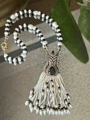 Hand-knotted gemstone bead necklace with Turkish handmade crystal bead tassel pendant