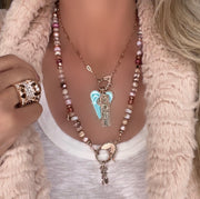 Rose' All Day - Hand-knotted semiprecious gemstone bead necklace in shades of pink and rose gold with genuine diamond clasp and pendant