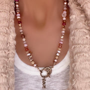 Rose' All Day - Hand-knotted semiprecious gemstone bead necklace in shades of pink and rose gold with genuine diamond clasp and pendant