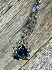 Opalite gemstone bezel necklace with pave diamond lobster clasp and stunning pietersite gemstone and diamond pendant