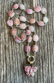 Natural pink opal gemstone bezel necklace with hand-carved rhodonite gemstone butterfly pendant