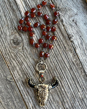 Natural red, rich, carnelian gemstone bezel necklace with hand-carved Tibetan silver pendant