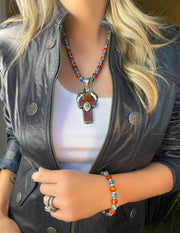 Deep orange carnelian gemstone and blue sea sediment jasper bead necklace with large carnelian gemstone cross pendant/matching bracelet