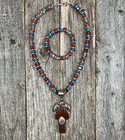 Deep orange carnelian gemstone and blue sea sediment jasper bead necklace with large carnelian gemstone cross pendant/matching bracelet