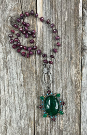 Rich ruby rondelle beaded necklace with pave diamond lobster clasp and green onyx, ruby and pave diamond vintage-style pendant