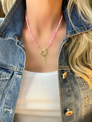 Rare pink Ethiopian opal bead necklace with gemstone heart clasp and pave diamond "love" charm