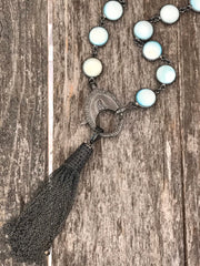 Light blue freshwater pearl puff coin gemstone bezel chain with diamond lobster clasp and gorgeous genuine blue sapphire tassel pendant.